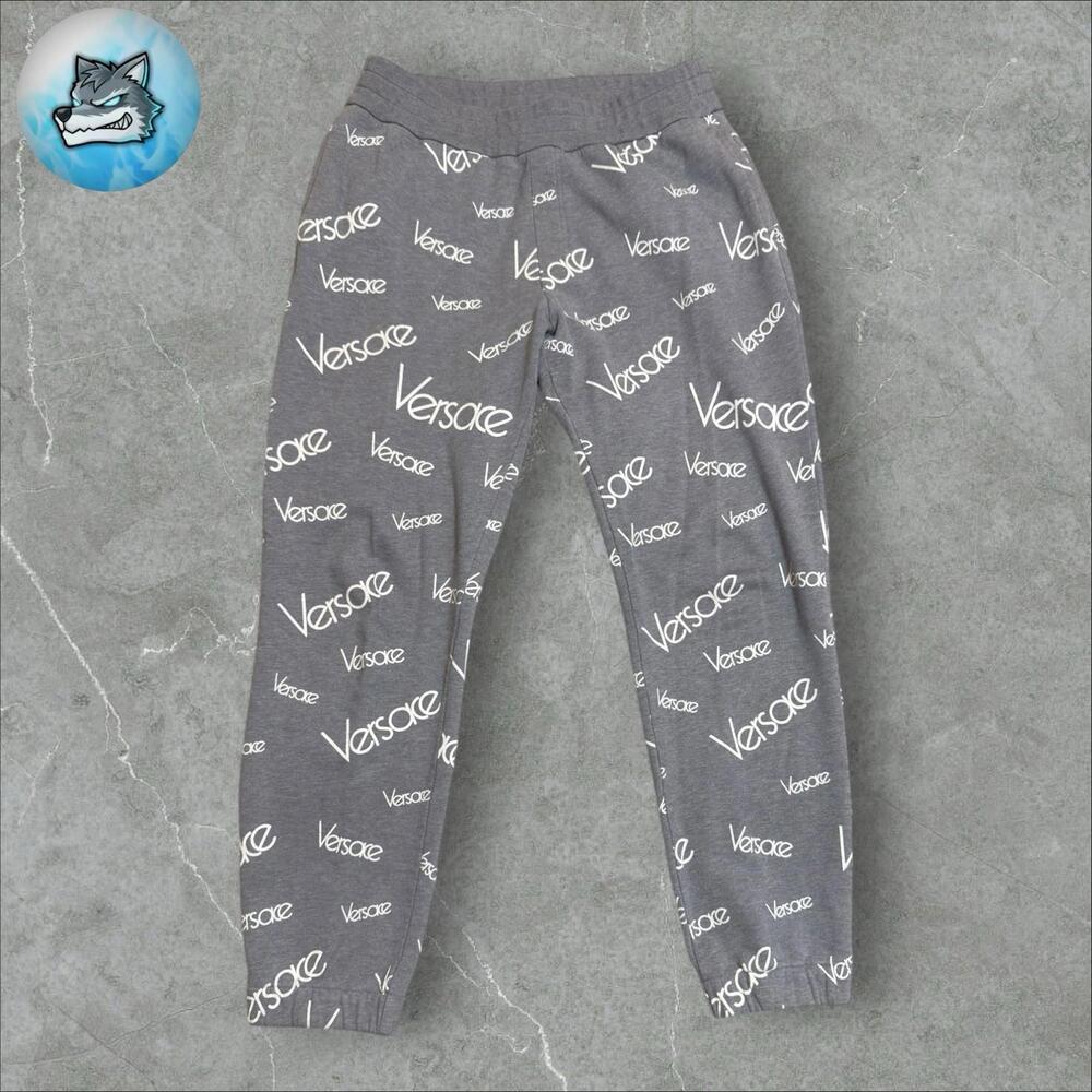 Versace Monogram Joggers Gray White Pants Size L All Over Logo Sweatpants